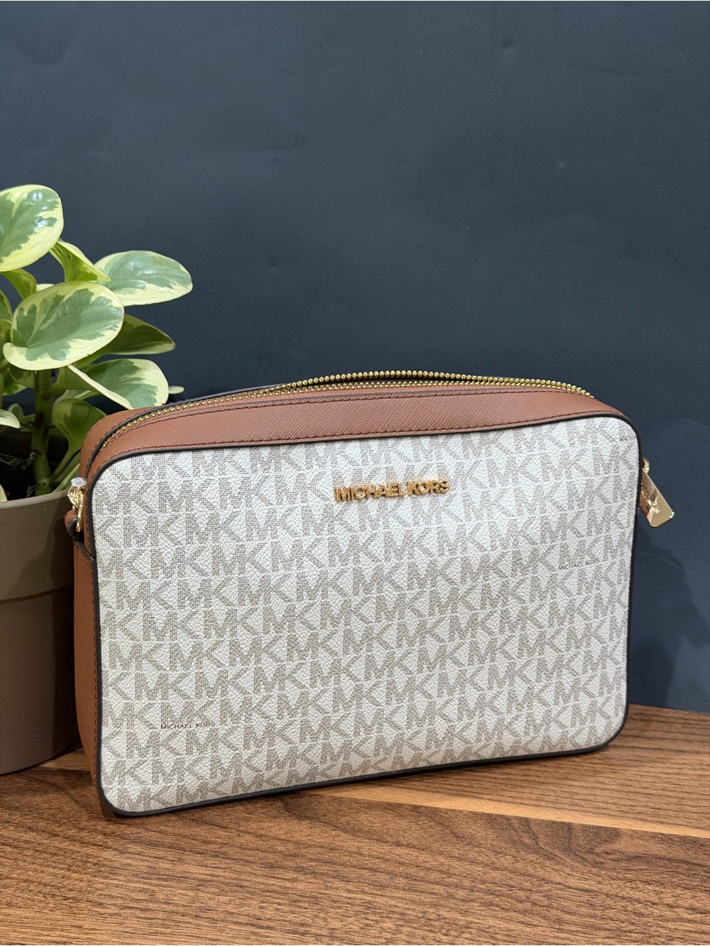 Michael Kors White & Tan Signature MK Crossbody Bag